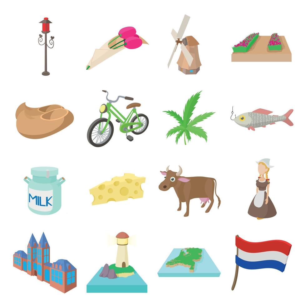 set di icone dei Paesi Bassi, stile cartone animato vettore