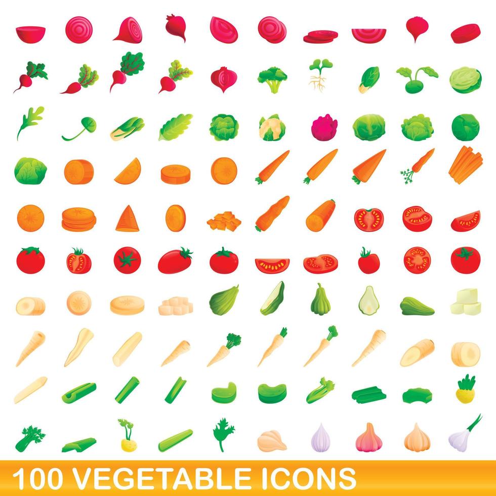 100 icone vegetali impostate, stile cartone animato vettore