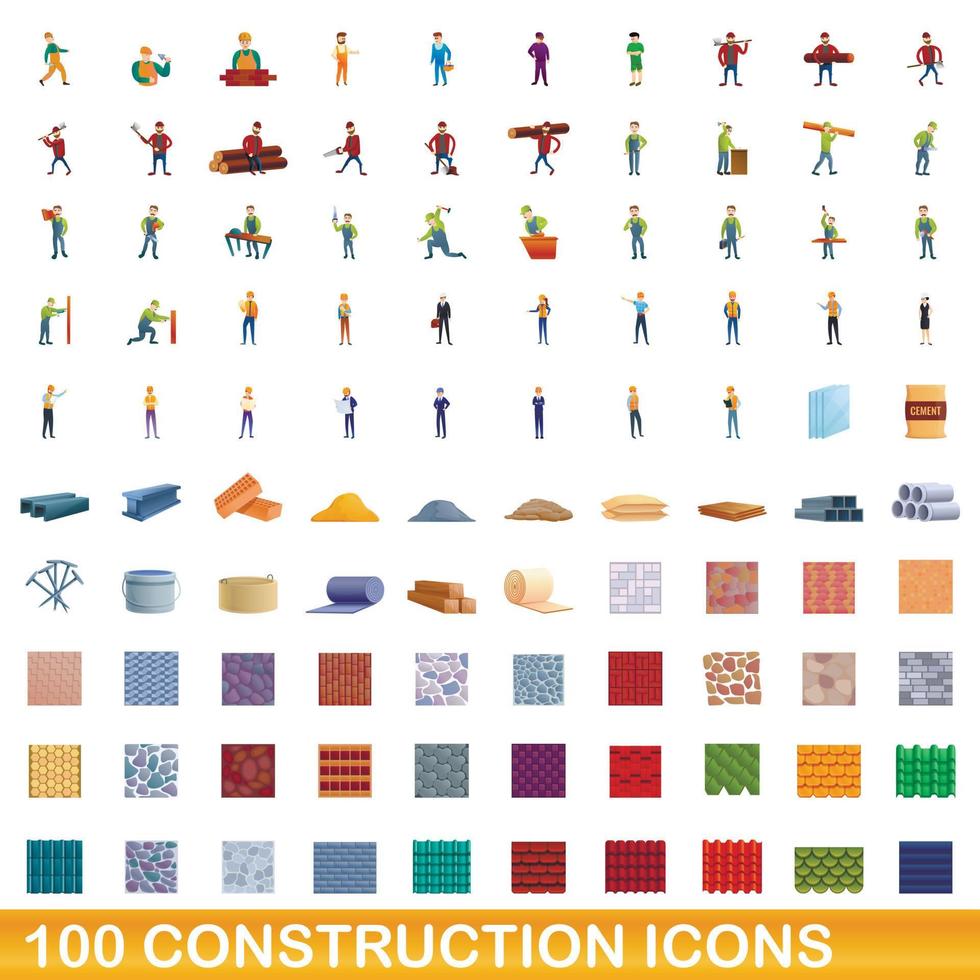 100 icone di costruzione impostate, stile cartone animato vettore