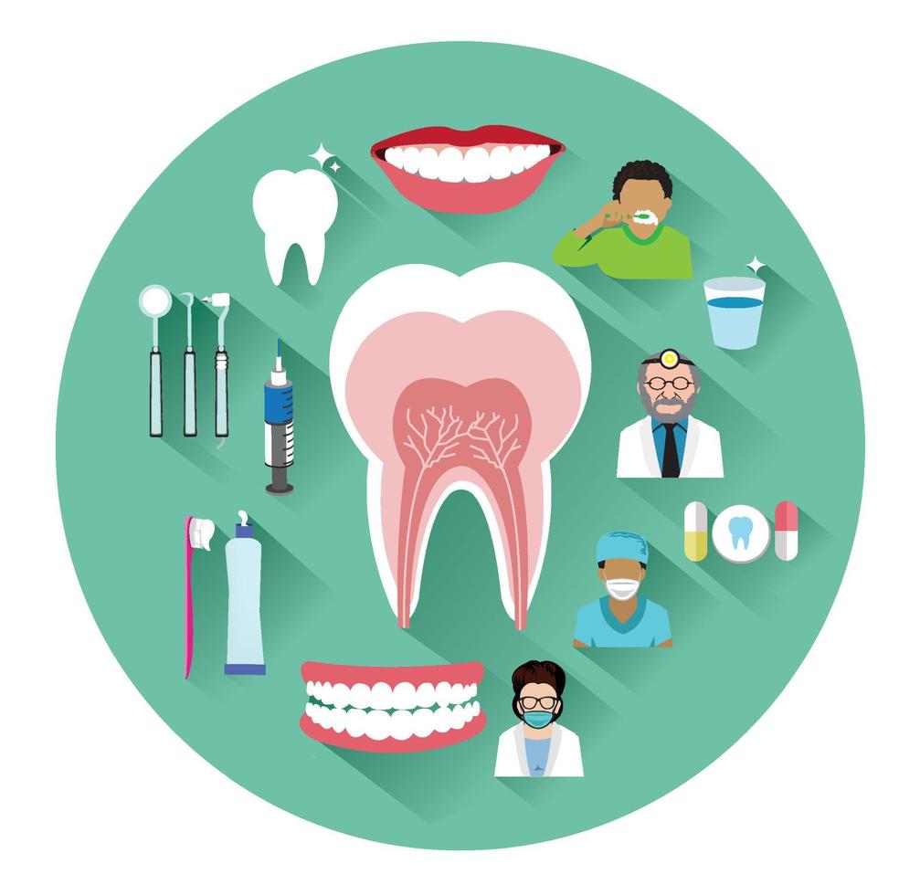 moderne icone dentali piatte impostate con effetto ombra lunga vettore