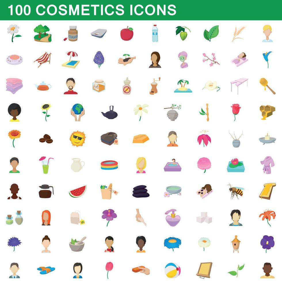 100 set di icone di cosmetici, stile cartone animato vettore