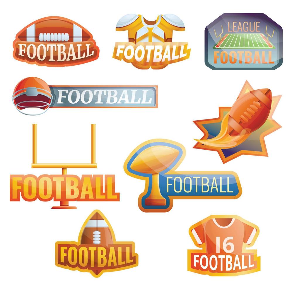 set logo attrezzatura football americano, stile cartone animato vettore