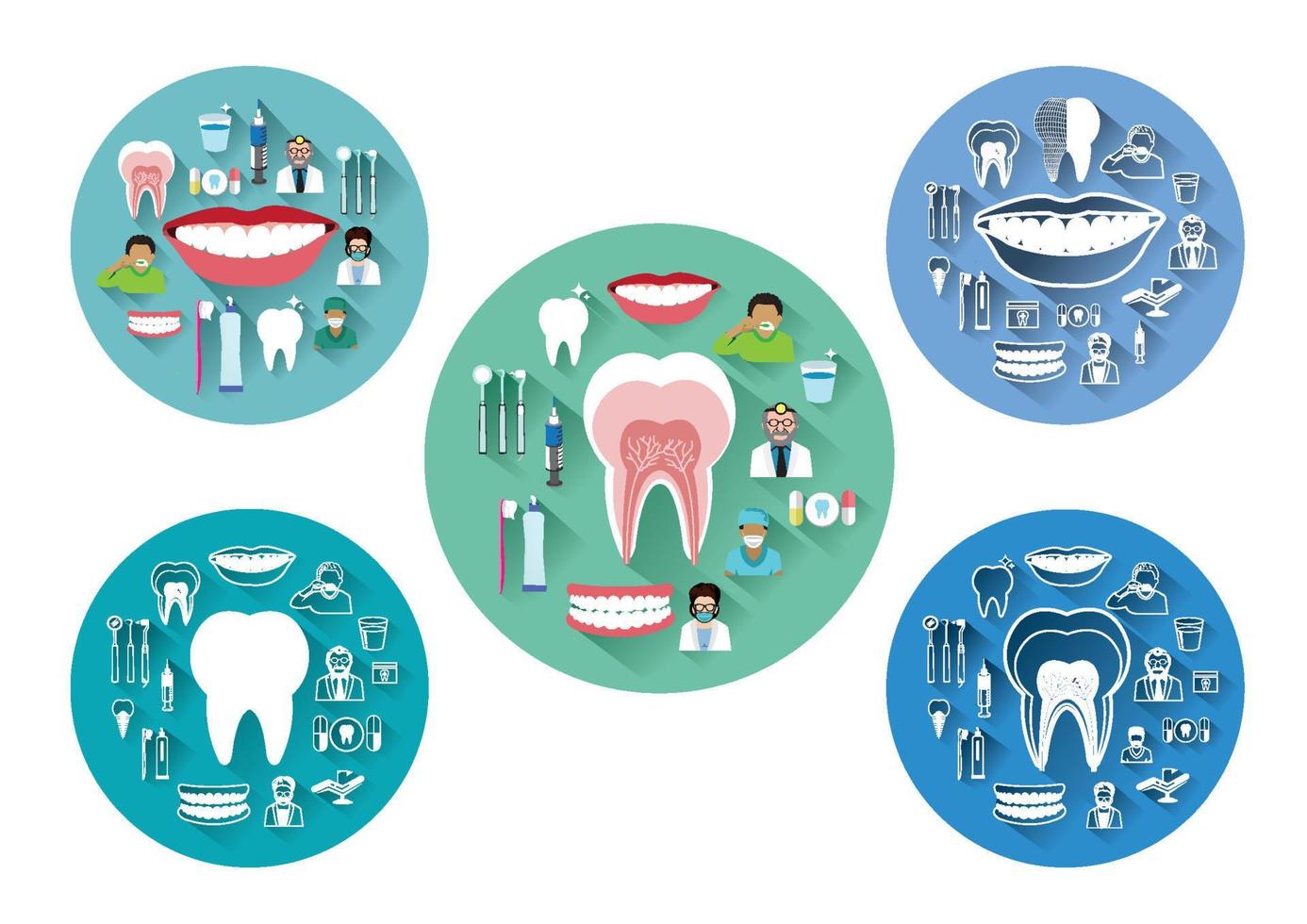 moderne icone dentali piatte impostate con effetto ombra lunga vettore