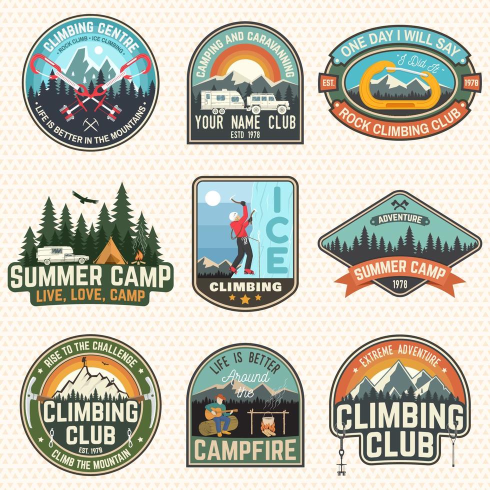 set di distintivi per club di arrampicata su roccia e campi estivi. vettore. vettore