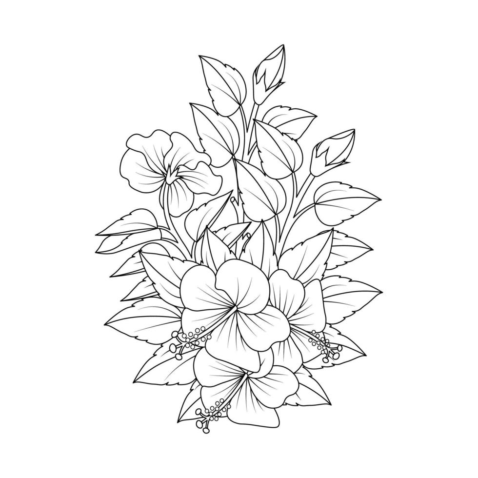 illustrazione della pagina di colorazione del fiore di ibisco con tratto di arte linea di disegnato a mano in bianco e nero vettore
