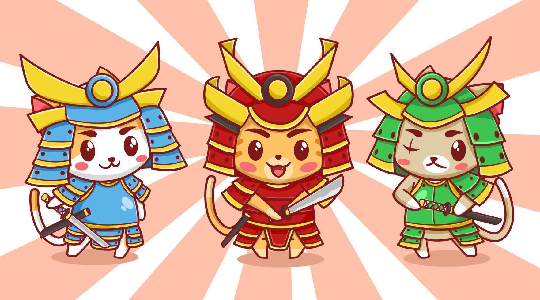 carino gatti samurai trio cartone animato illustrazione vettore