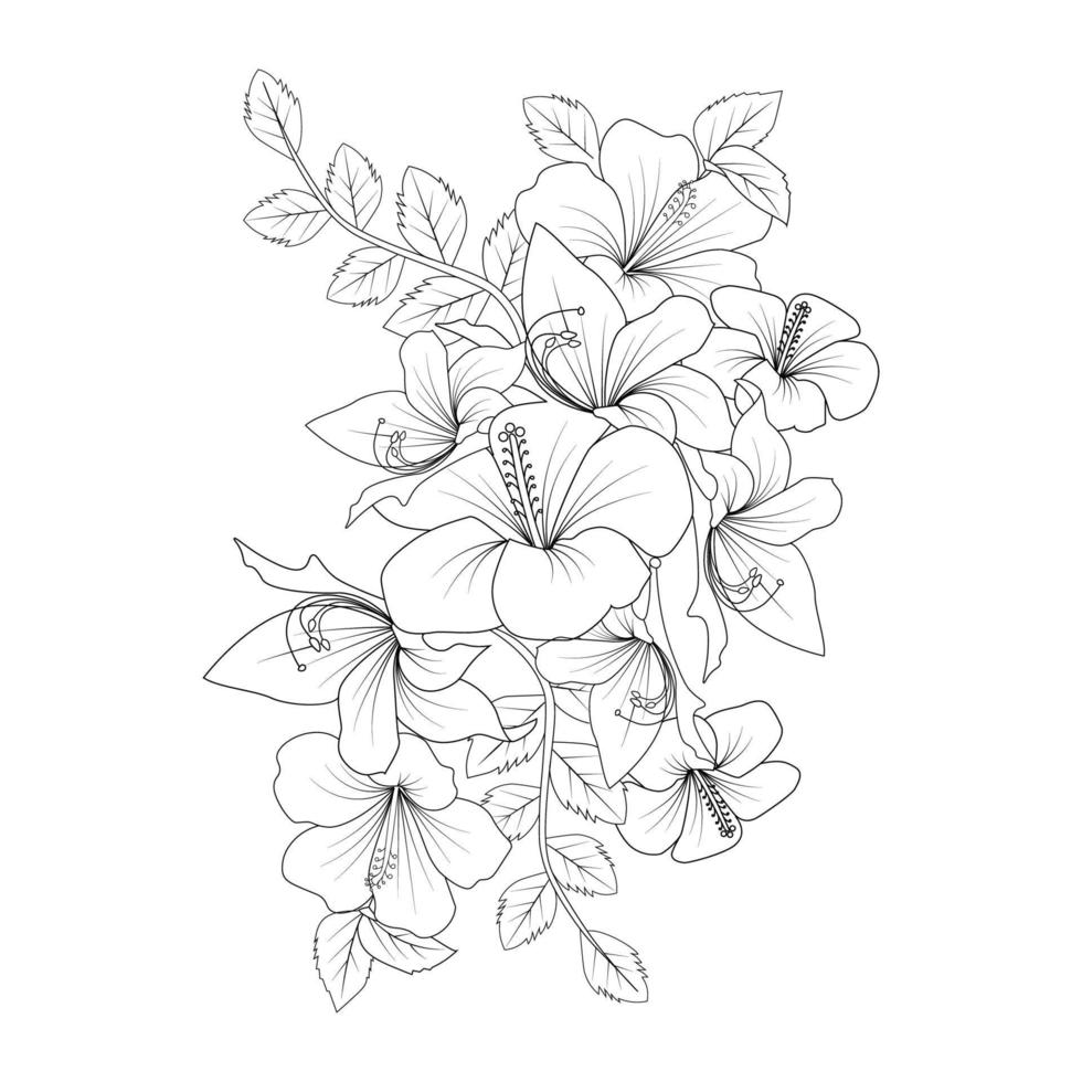 illustrazione della pagina di colorazione di doodle del fiore della rosa della Cina con il tratto di arte di linea vettore