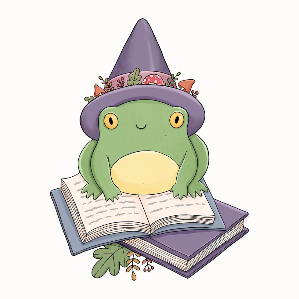 rana guidata di halloween in cappello da strega su libri illustrazione vettoriale
