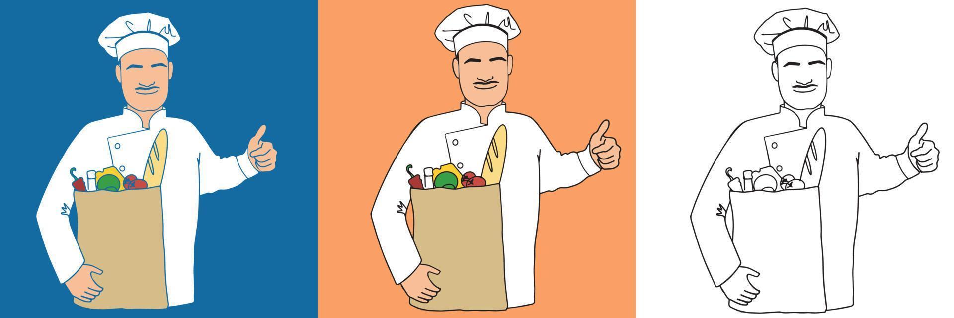 lo chef con un pacco cartaceo di prodotti mostra il pollice in alto, sorride, sotto forma di una tunica bianca, con un berretto da chef. tre opzioni di stile schizzo lineare, macchie, tratto di contorno nero cartone animato. imposta eps10 vettore