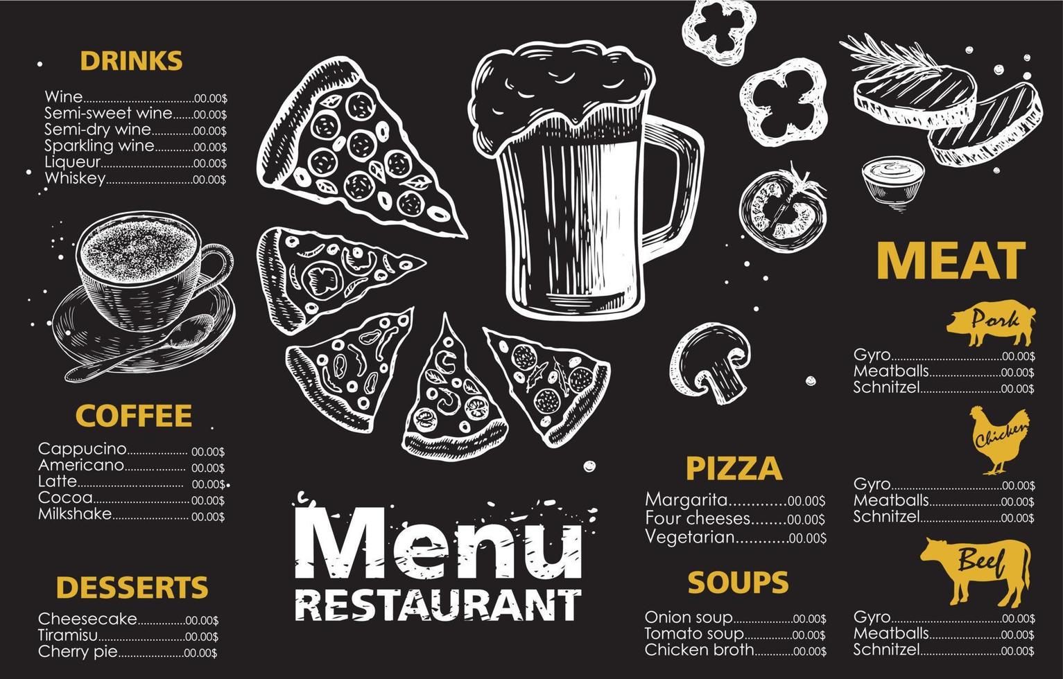 disegno del modello di menu per ristorante, illustrazione di schizzo. vettore. vettore