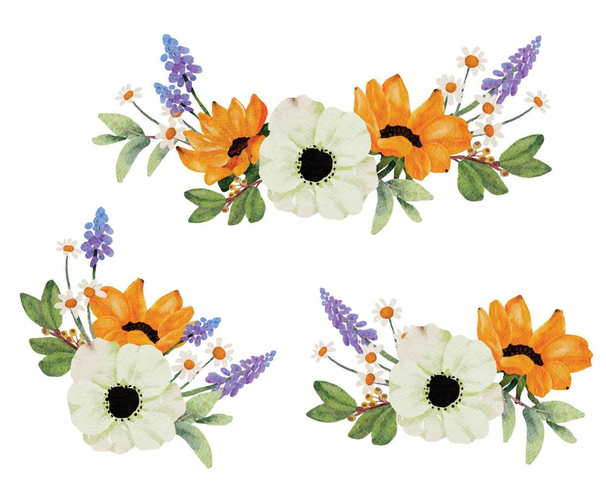 collezione di elementi di bouquet di fiori di girasole e anemone bianco dell'acquerello vettore