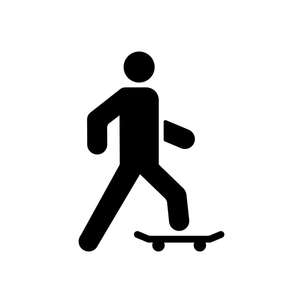 persona sull'icona della siluetta nera di skateboard. pittogramma del glifo uomo sport skateboard. simbolo piatto di hobby del pattinatore. segno di pattinaggio per il tempo libero. moderna attività di strada. illustrazione vettoriale isolata.