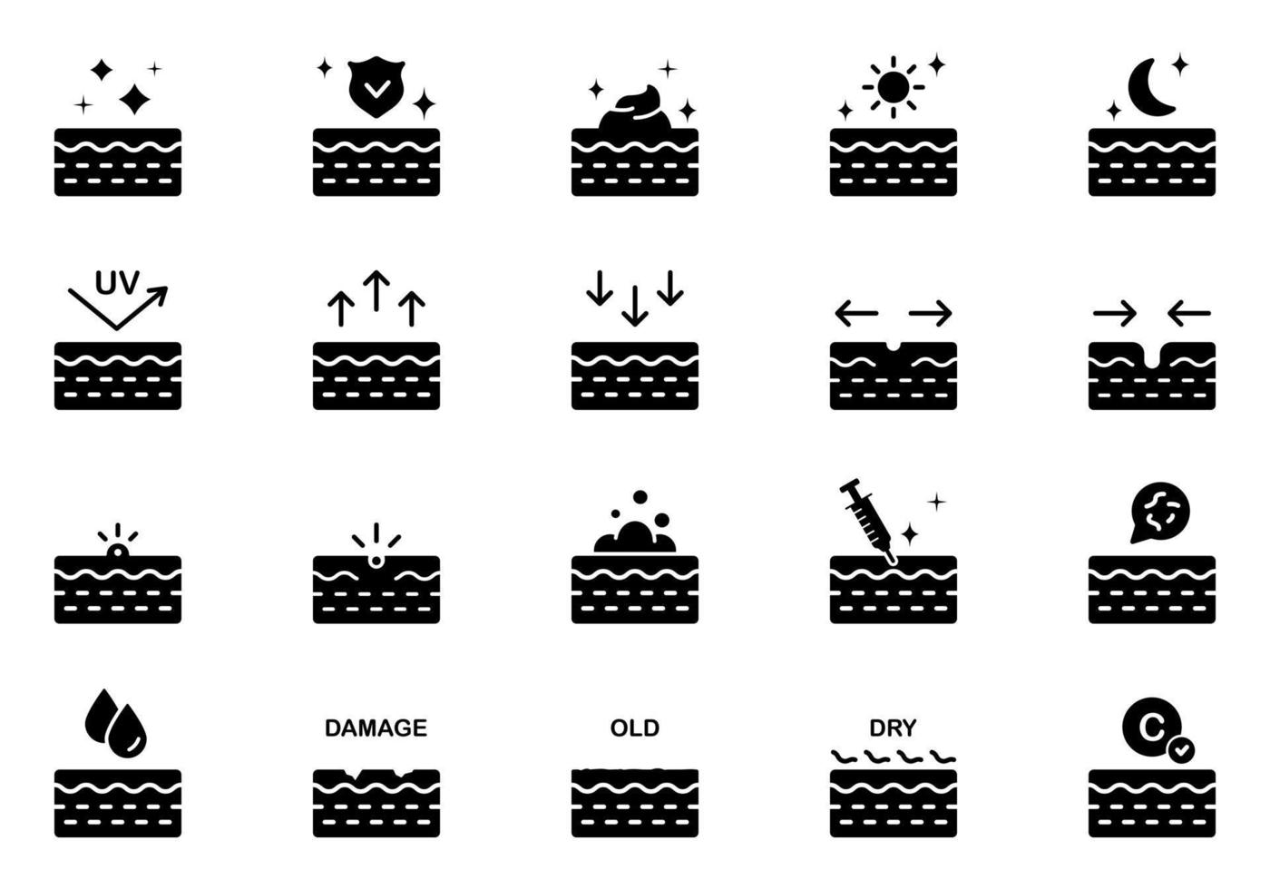 set di icone per la cura della pelle umidità, iniezione, protezione. pittogramma di brufolo, uv, acne, microbi con problemi di pelle. icona nera dello strato di pelle del trattamento. illustrazione vettoriale isolata.