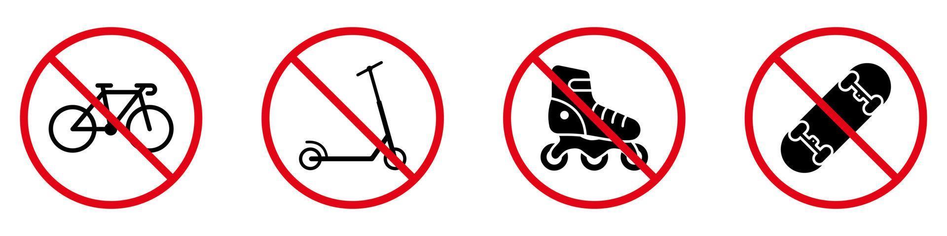 vietare il trasporto a spinta su ruote. divieto di pattino a rotelle skate board kick scooter bici silhouette nera icon set. vietare il pittogramma di pattini a rotelle. nessun segnale di stop rosso per biciclette consentito. illustrazione vettoriale isolata.