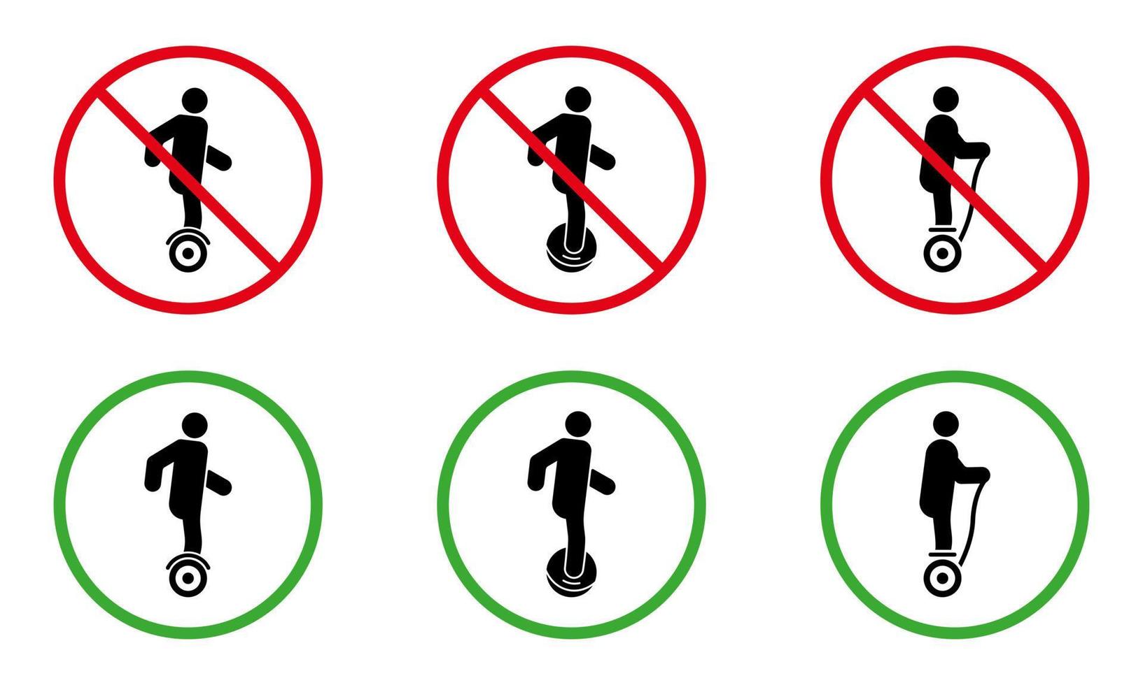 vietare il set di pittogrammi giroscooter hoverboard monociclo elettrico. vietare l'icona del trasporto di pericolo. simbolo di avviso al passaggio del mouse. nessun segno di scooter giroscopico consentito. vietare la monoruota. illustrazione vettoriale isolata.
