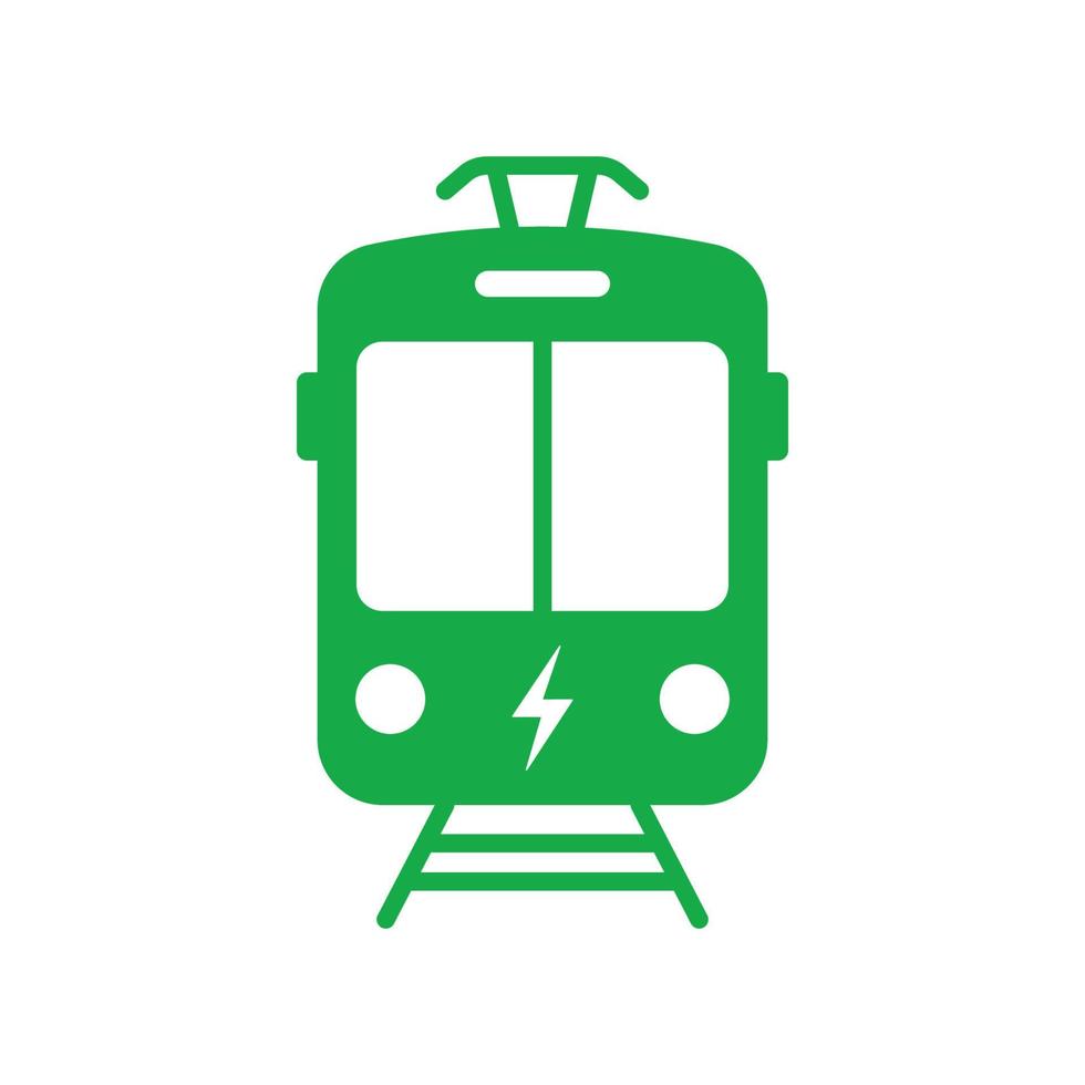 icona verde della siluetta del tram elettrico. segnale della stazione di arresto per l'ecologia pittogramma del glifo del trasporto pubblico elettrico. eco tram nell'icona di vista frontale. simbolo del tram di ecologia. illustrazione vettoriale isolata.