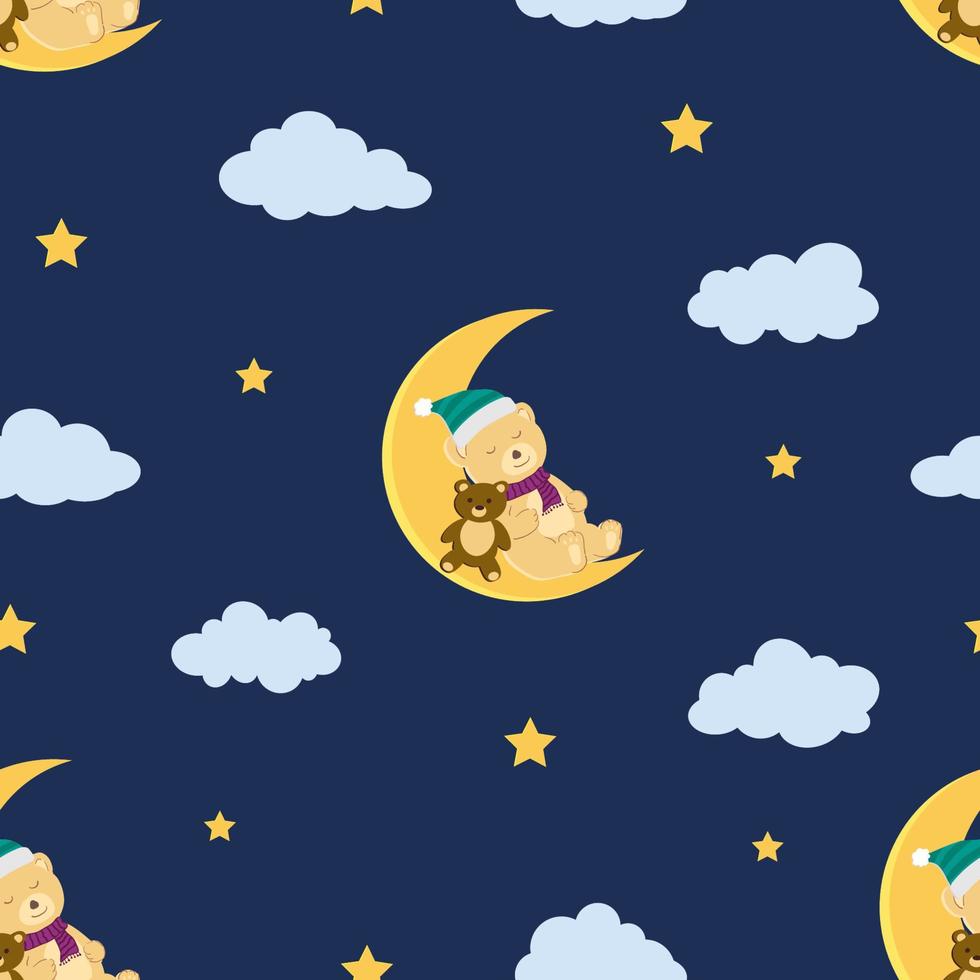 modello senza cuciture simpatico cartone animato con orso che dorme sulla luna per prodotti decorativi, tessuti, tessili, per bambini e tutte le stampe vettore