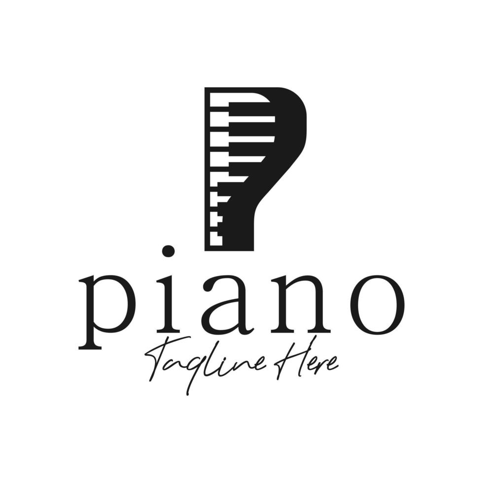 disegno del logo dell'illustrazione dello strumento musicale del pianoforte con la lettera p vettore