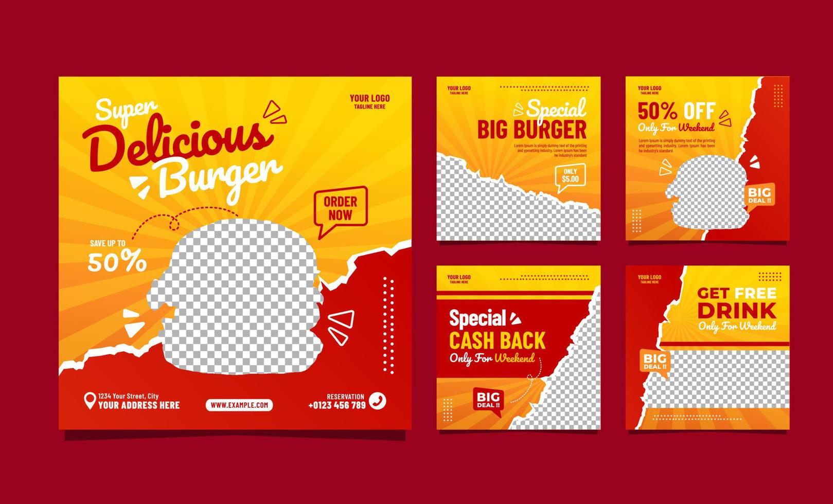 design del modello di post sui social media di hamburger super delizioso vettore