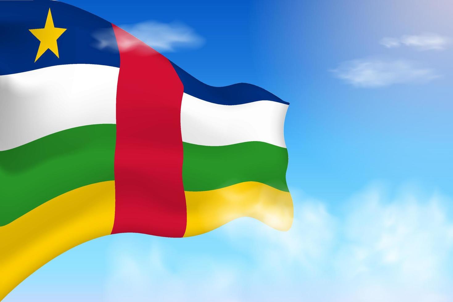 bandiera della repubblica centrafricana tra le nuvole. bandiera vettoriale che sventola nel cielo. illustrazione realistica della bandiera della giornata nazionale. vettore di cielo blu.