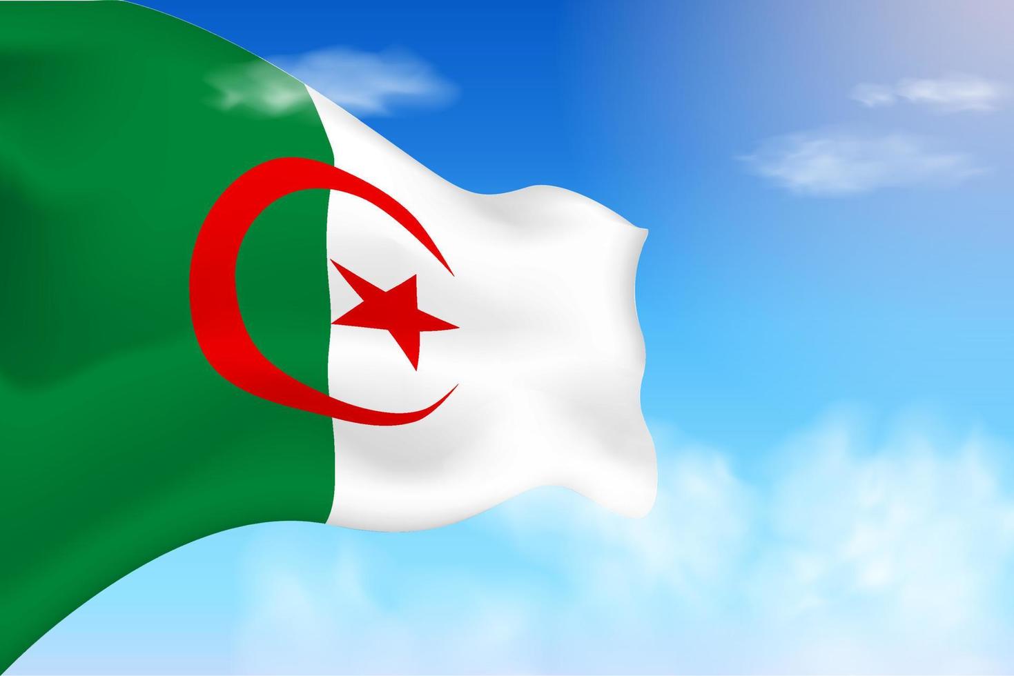bandiera dell'algeria tra le nuvole. bandiera vettoriale che sventola nel cielo. illustrazione realistica della bandiera della giornata nazionale. vettore di cielo blu.