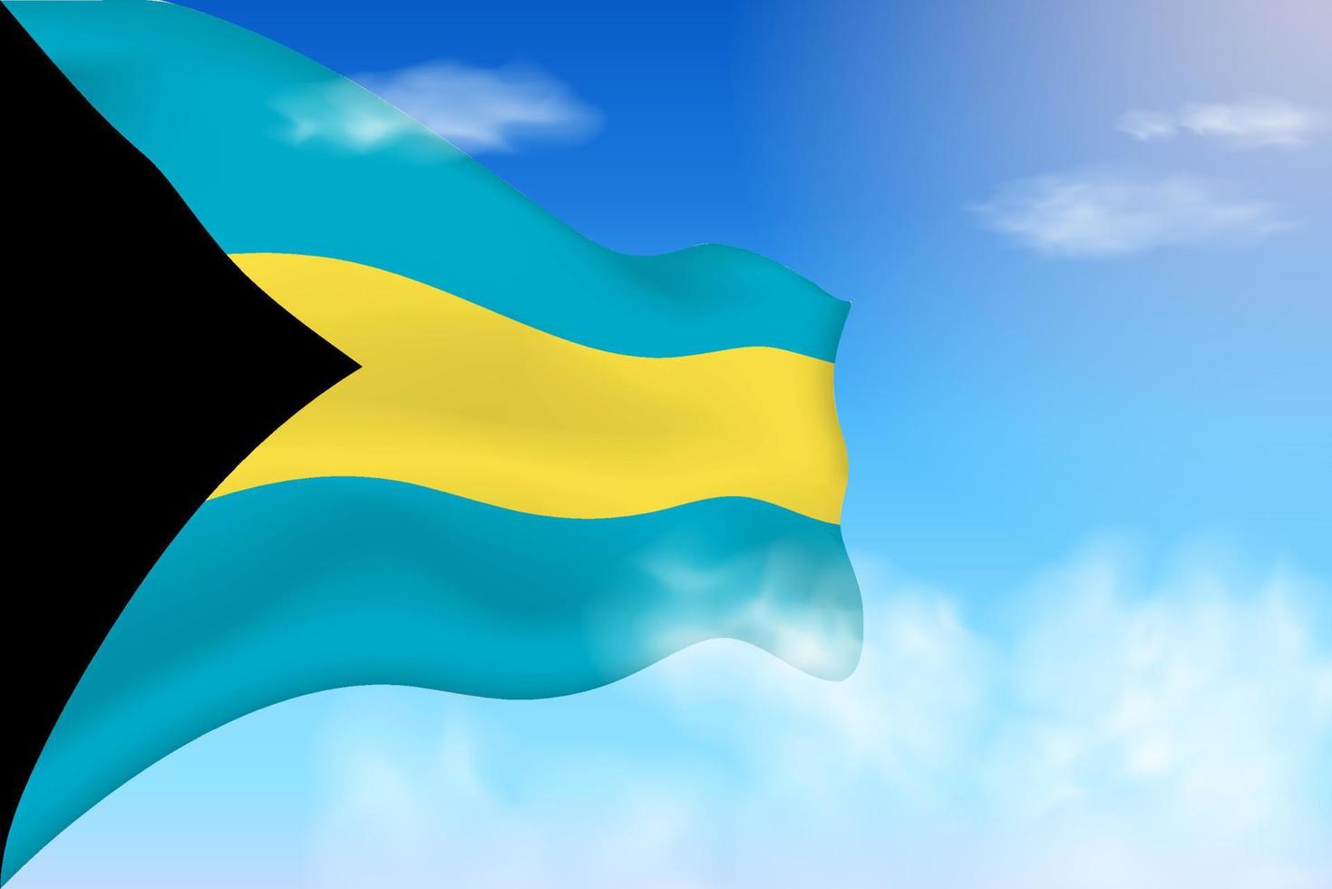 la bandiera delle Bahamas tra le nuvole. bandiera vettoriale che sventola nel cielo. illustrazione realistica della bandiera della giornata nazionale. vettore di cielo blu.