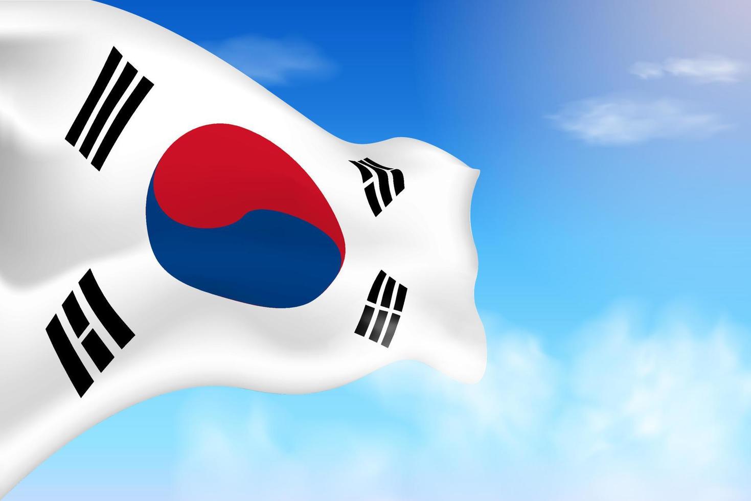 bandiera della corea del sud tra le nuvole. bandiera vettoriale che sventola nel cielo. illustrazione realistica della bandiera della giornata nazionale. vettore di cielo blu.