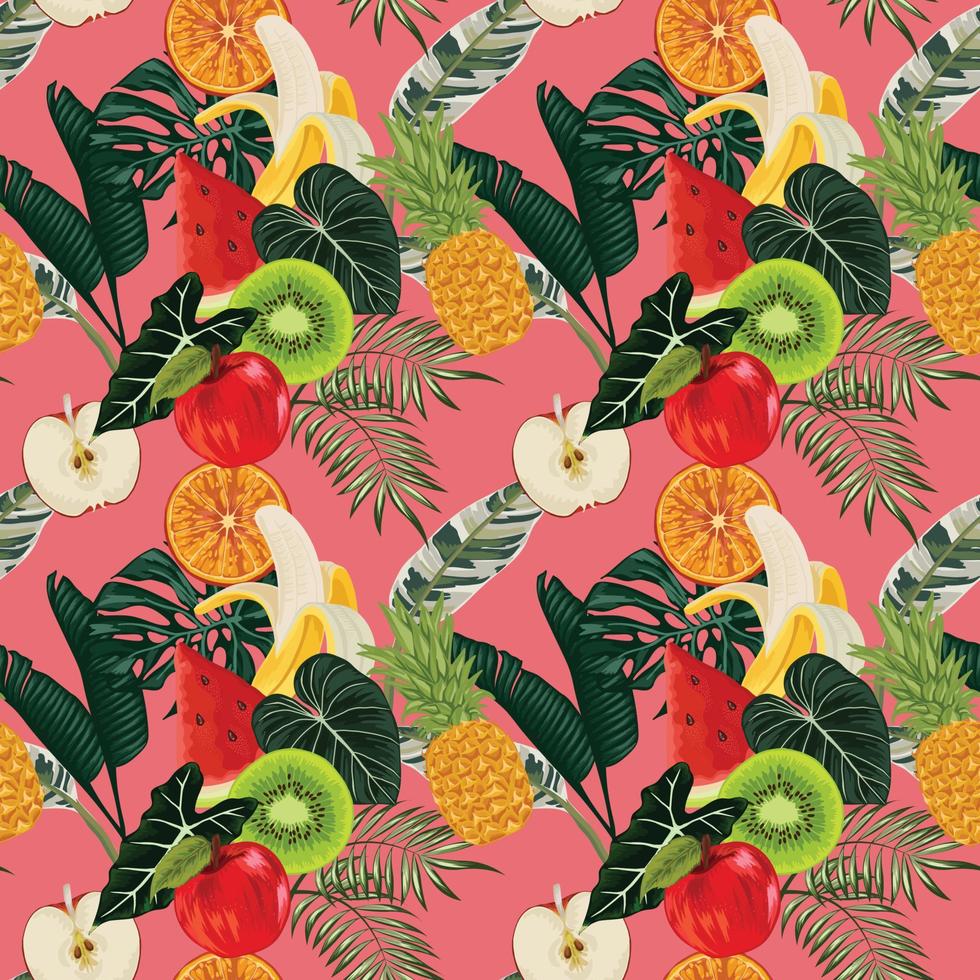 vettore di design senza cuciture tropicale di frutta estiva su sfondo rosa