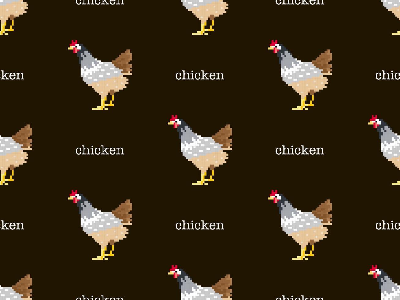 modello senza cuciture del personaggio dei cartoni animati di pollo su sfondo nero. stile pixel vettore