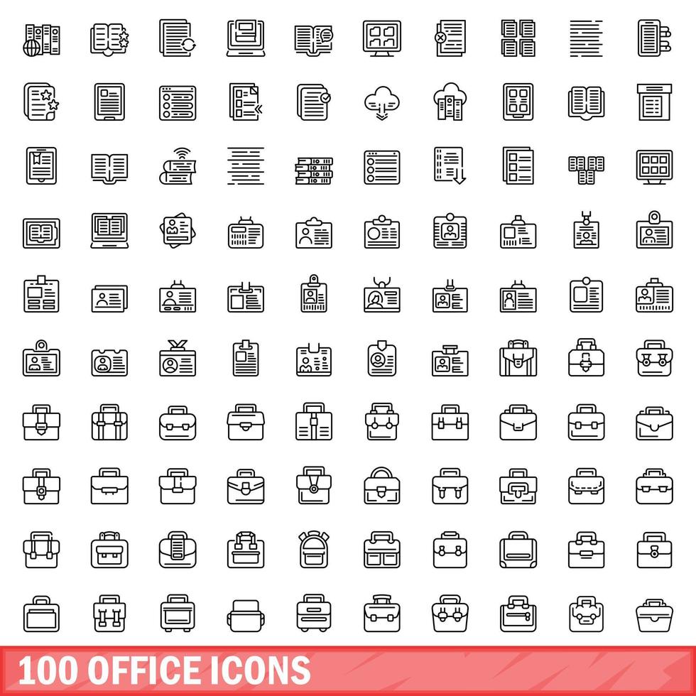 100 icone per ufficio impostate, stile contorno vettore