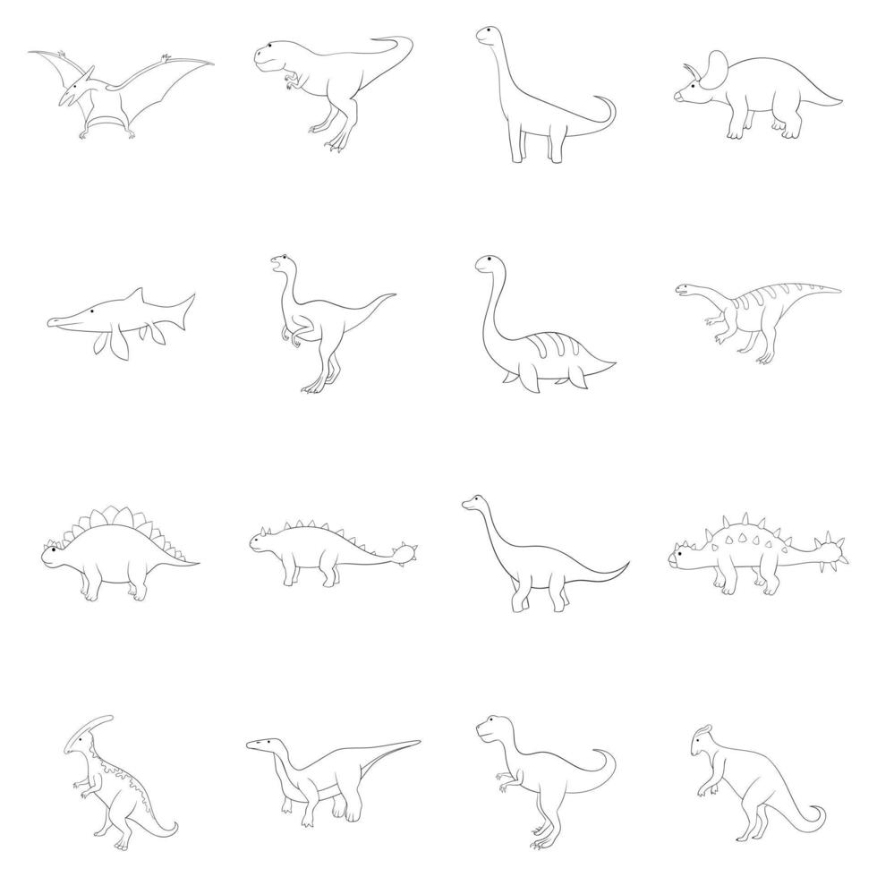 contorno di set di icone di dinosauri diversi vettore