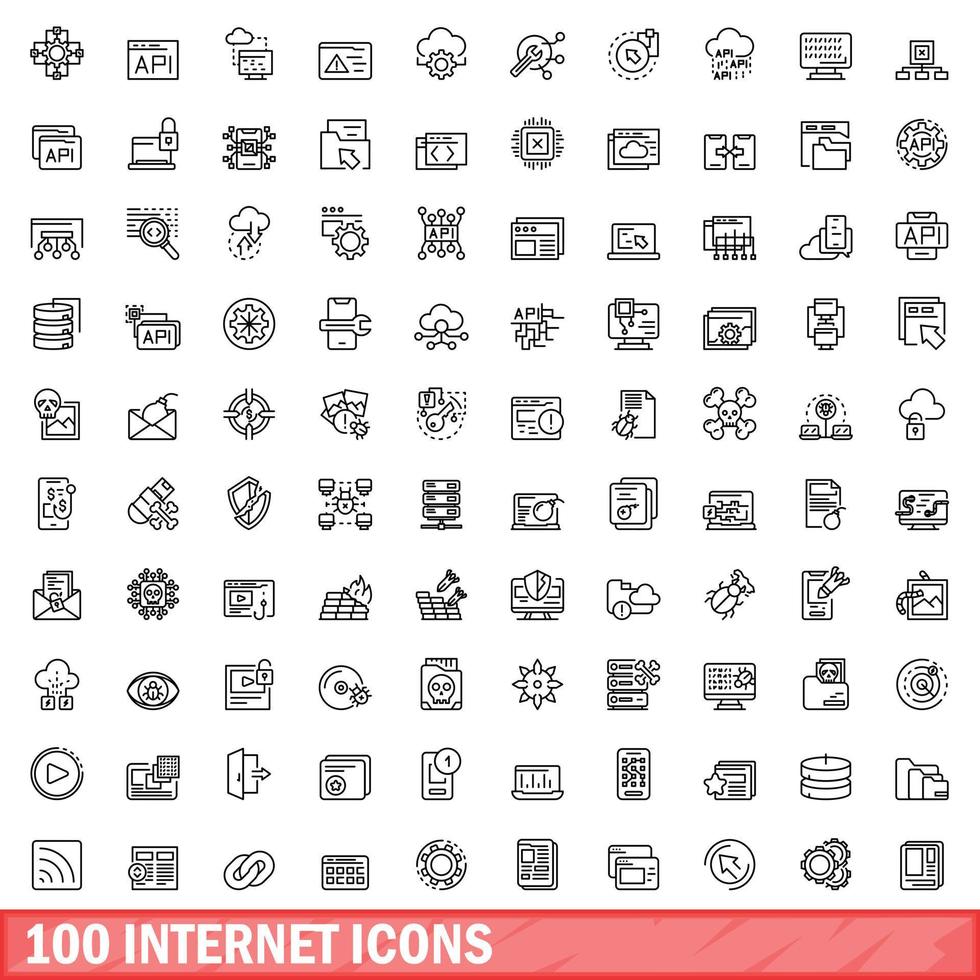 100 icone internet impostate, stile contorno vettore