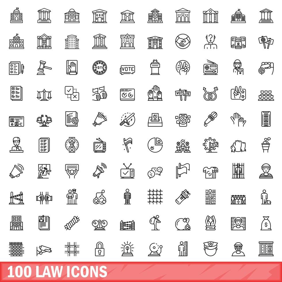100 icone di legge impostate, stile contorno vettore