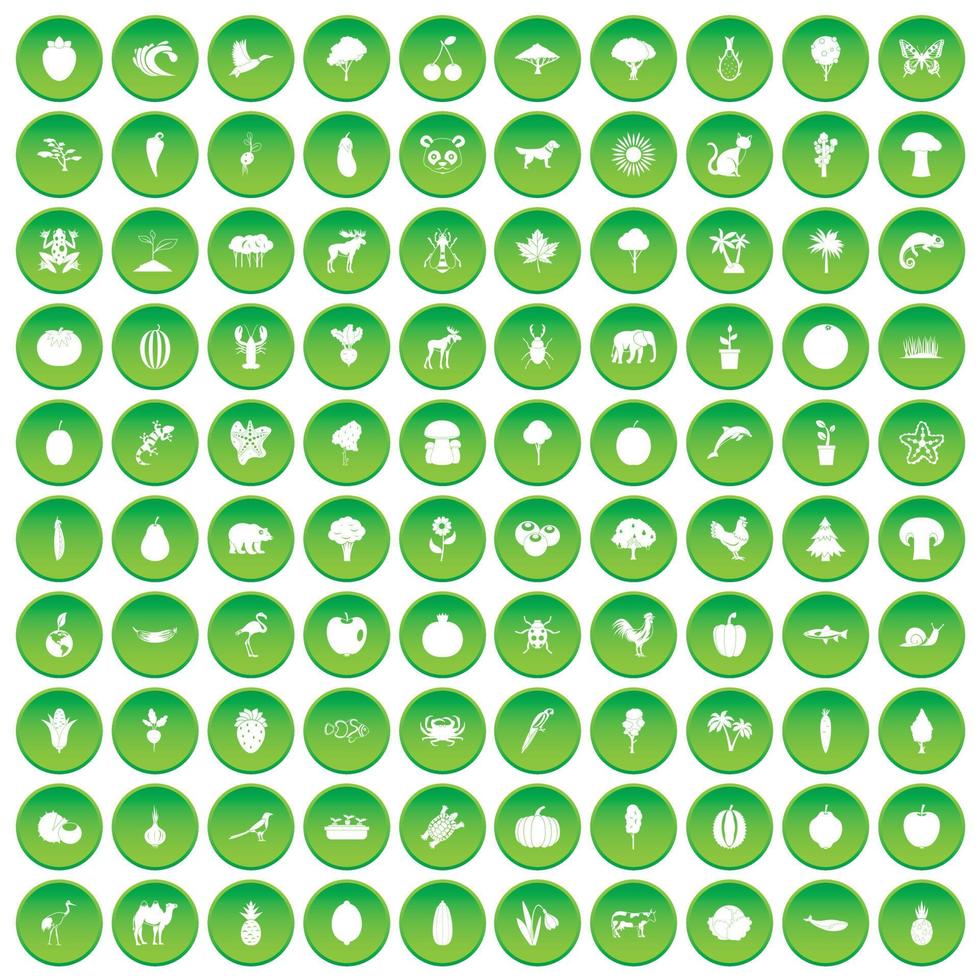 100 icone della natura dal vivo hanno impostato il cerchio verde vettore