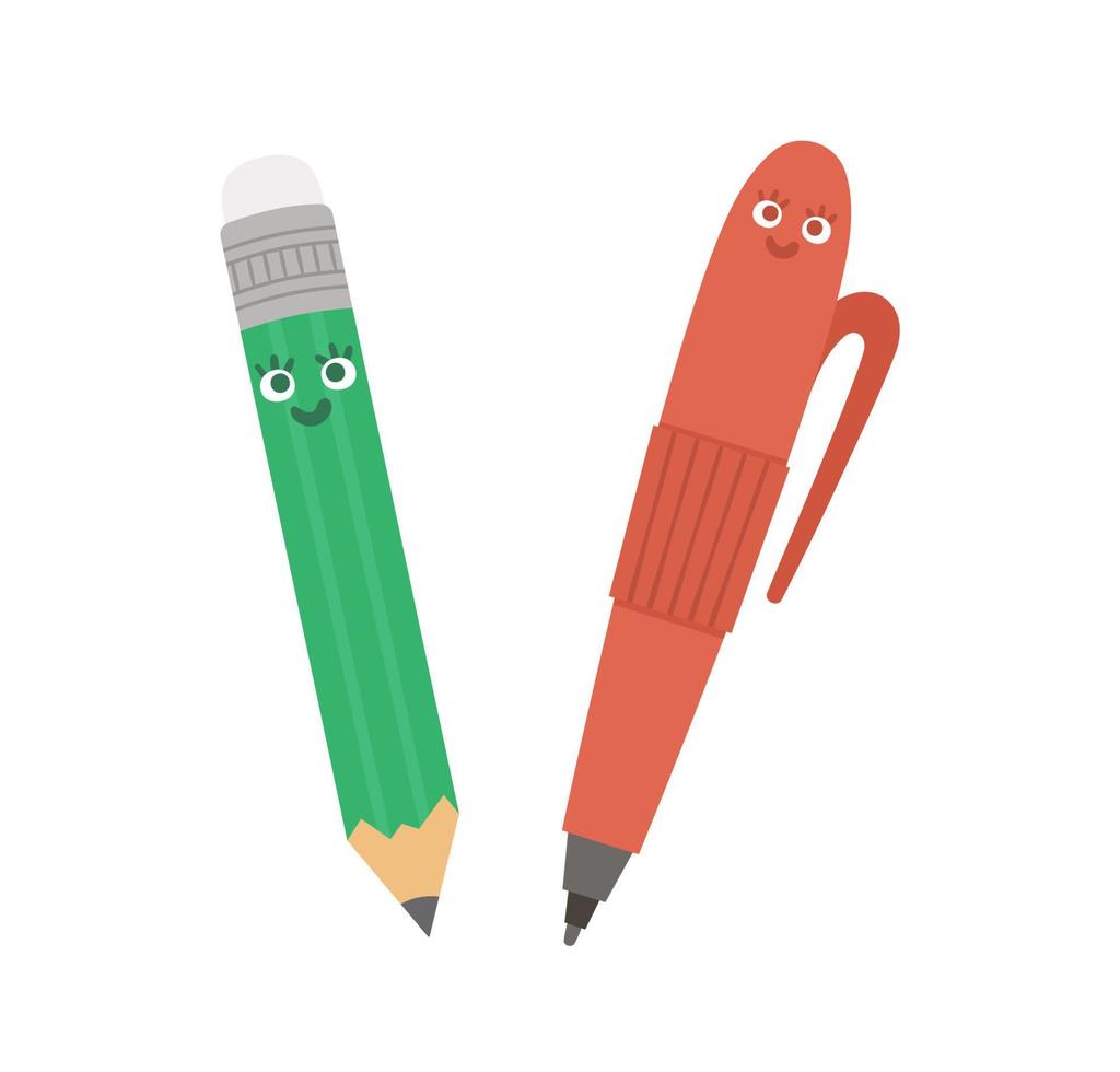 illustrazione di penna e matita kawaii vettoriale. torna a scuola clipart educative. carino stile piatto sorridente cancelleria con gli occhi. immagine divertente per i bambini vettore