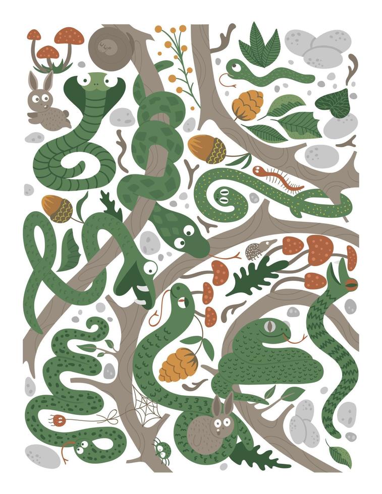 sfondo ornato vettoriale con simpatici animali del bosco, foglie, fiori, insetti. scena divertente della foresta con i serpenti. illustrazione verticale per bambini. libro illustrato, gioco di attività a nascondino per bambini
