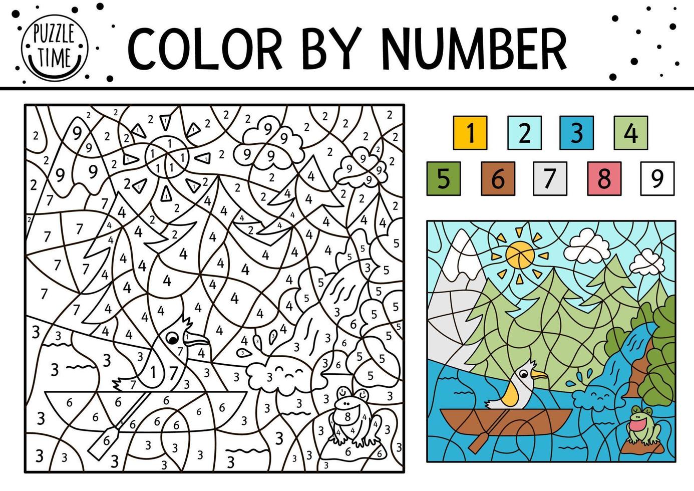 vettore colore della foresta in base al numero di attività con alberi, montagne, cascate di fiume e uccelli in una barca. gioco di colorazione e conteggio del viaggio estivo. pagina da colorare divertente per bambini con scena della natura.