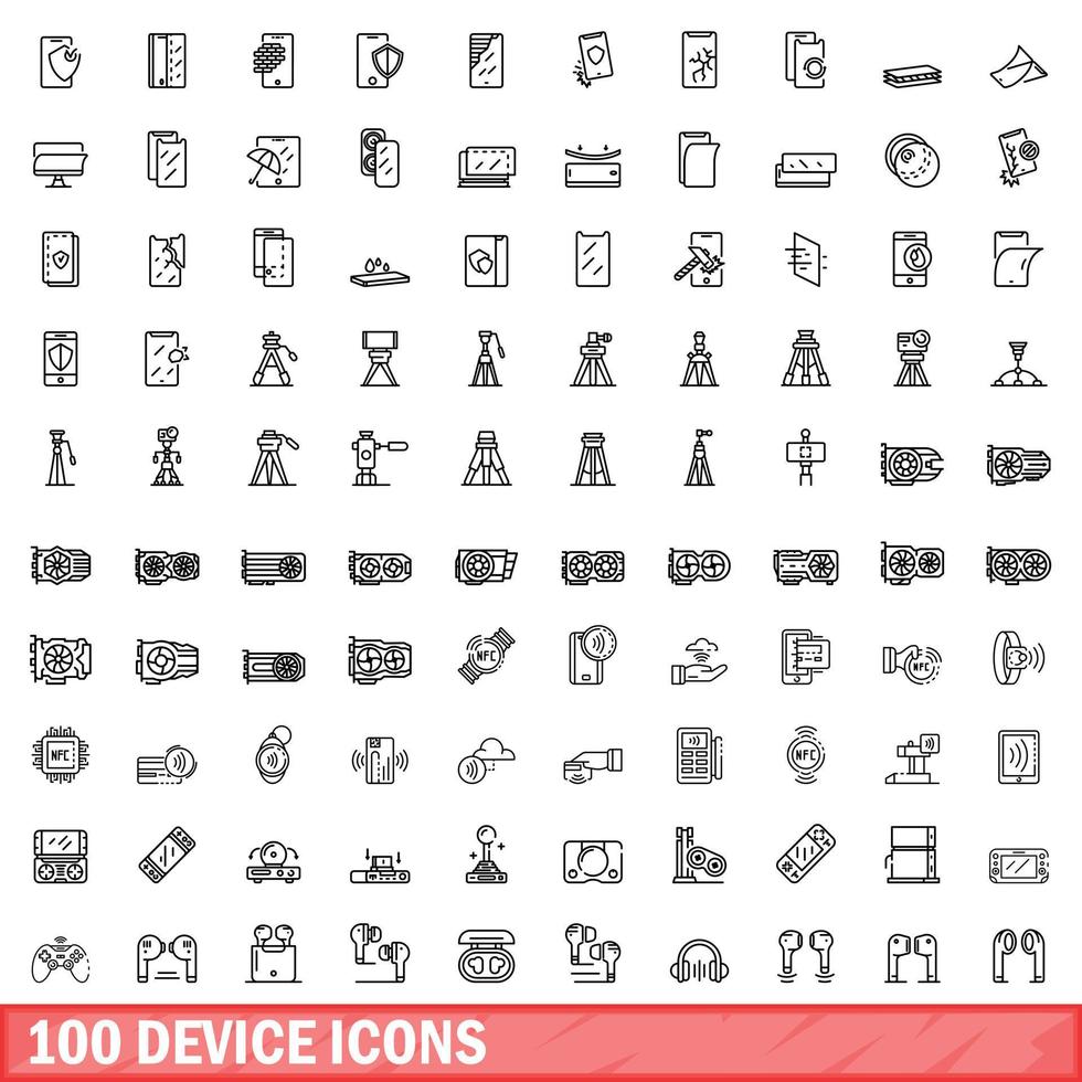 100 icone del dispositivo impostate, stile contorno vettore