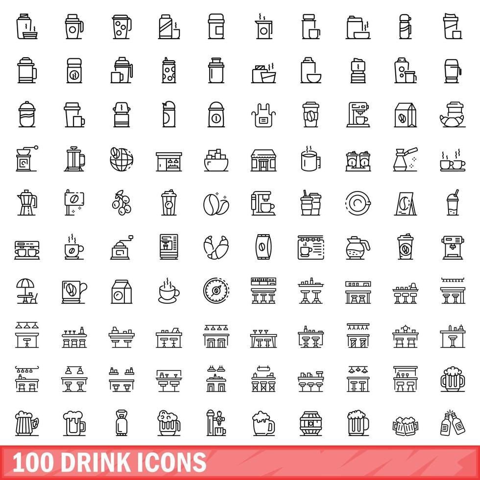 100 icone di bevande impostate, stile contorno vettore