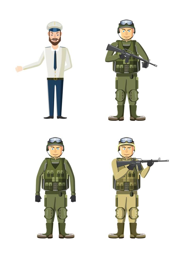 set di icone di uomo dell'esercito, stile cartone animato vettore