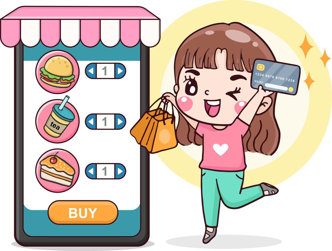 donna del personaggio dei cartoni animati che acquista online, ordina la consegna di cibo, applicazione mobile per lo shopping, tiene carta di credito e borsa della spesa, illustrazione piatta vettore