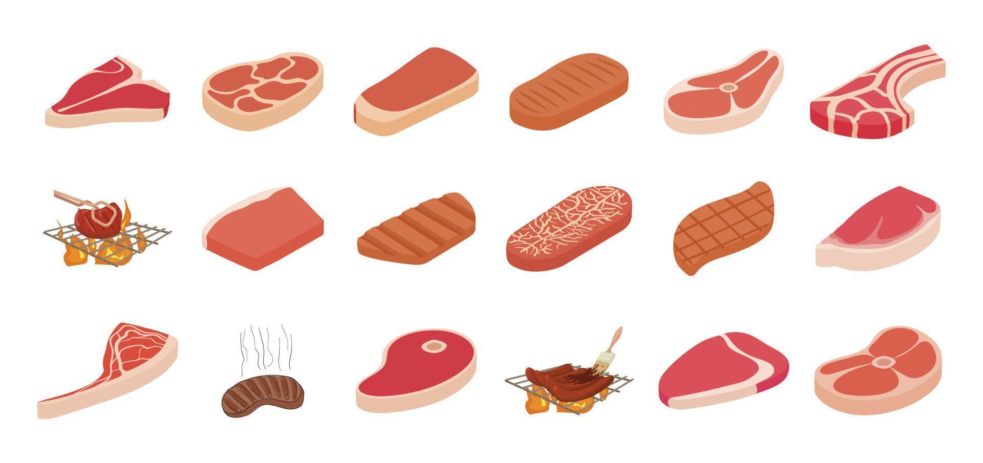 set di icone di bistecca, stile cartone animato vettore