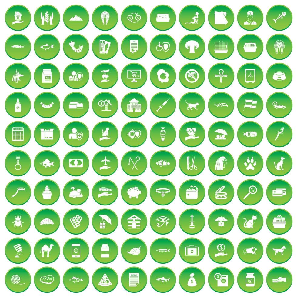 100 icone del gatto hanno impostato il cerchio verde vettore