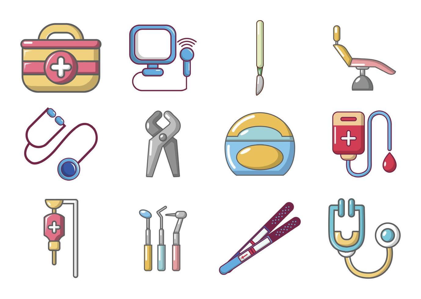 set di icone di strumenti medici, stile cartone animato vettore