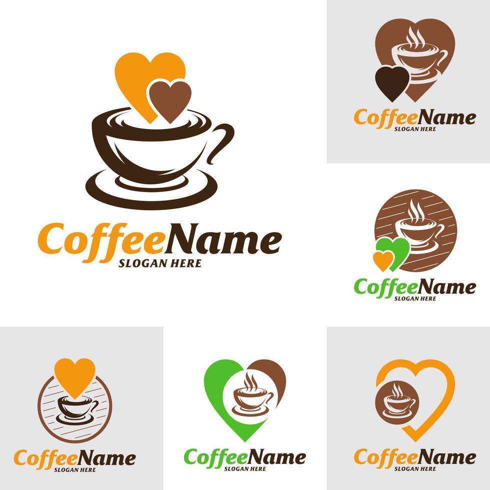 set di modello di progettazione del logo di amore del caffè. vettore di concetto di logo del caffè. simbolo dell'icona creativa