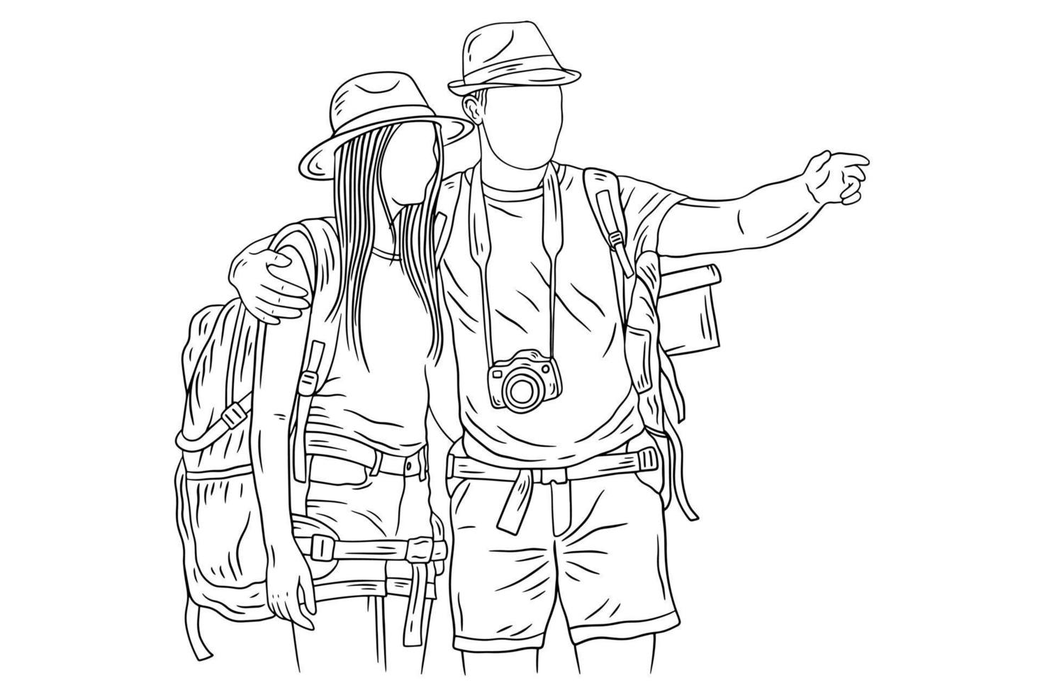 coppia felice avventura esplorare viaggio alpinista campeggio romanticismo viaggio sport linea arte disegnata a mano vettore
