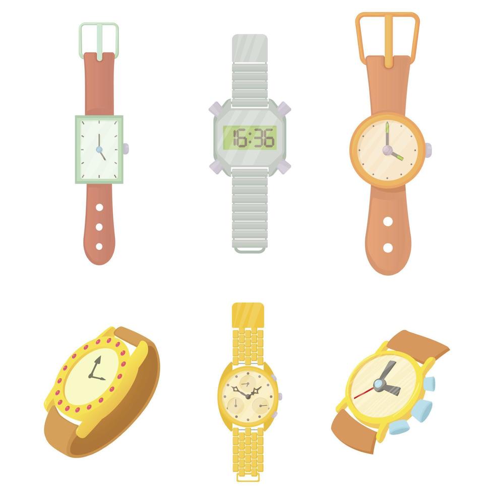 set di icone di orologio a mano, stile cartone animato vettore