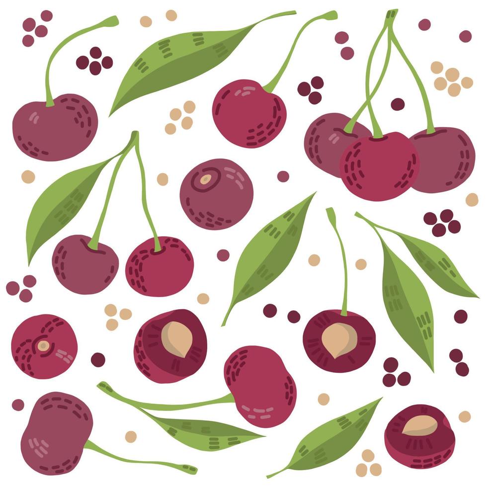 set di ciliegie vettoriali in stile schizzo disegnato a mano isolato su sfondo bianco, illustrazione di cibo ecologico