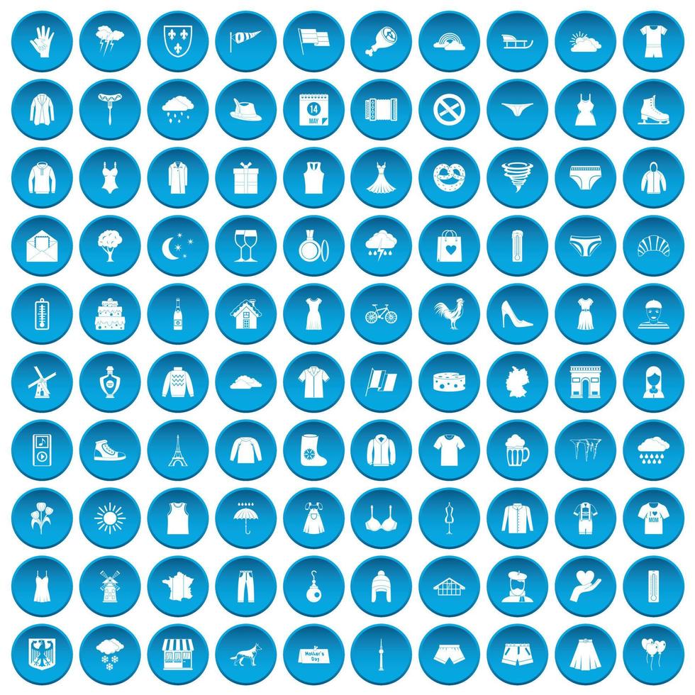 100 icone di abbigliamento impostate in blu vettore