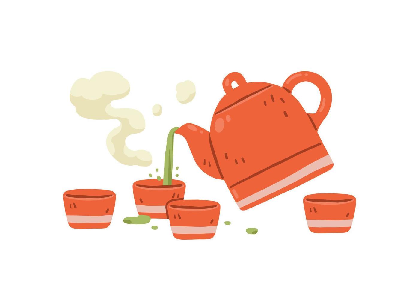 teiera in ceramica rossa vettoriale che versa il tè verde in tazze da tè in ceramica rosse
